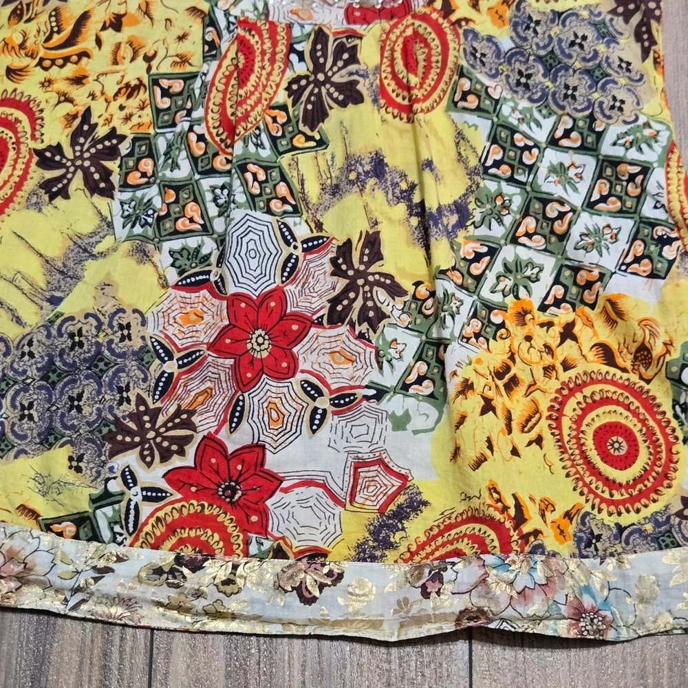 Globus Yellow Patchwork Sequin Embellished Tunic Top Kurti XL Boho V-Neck